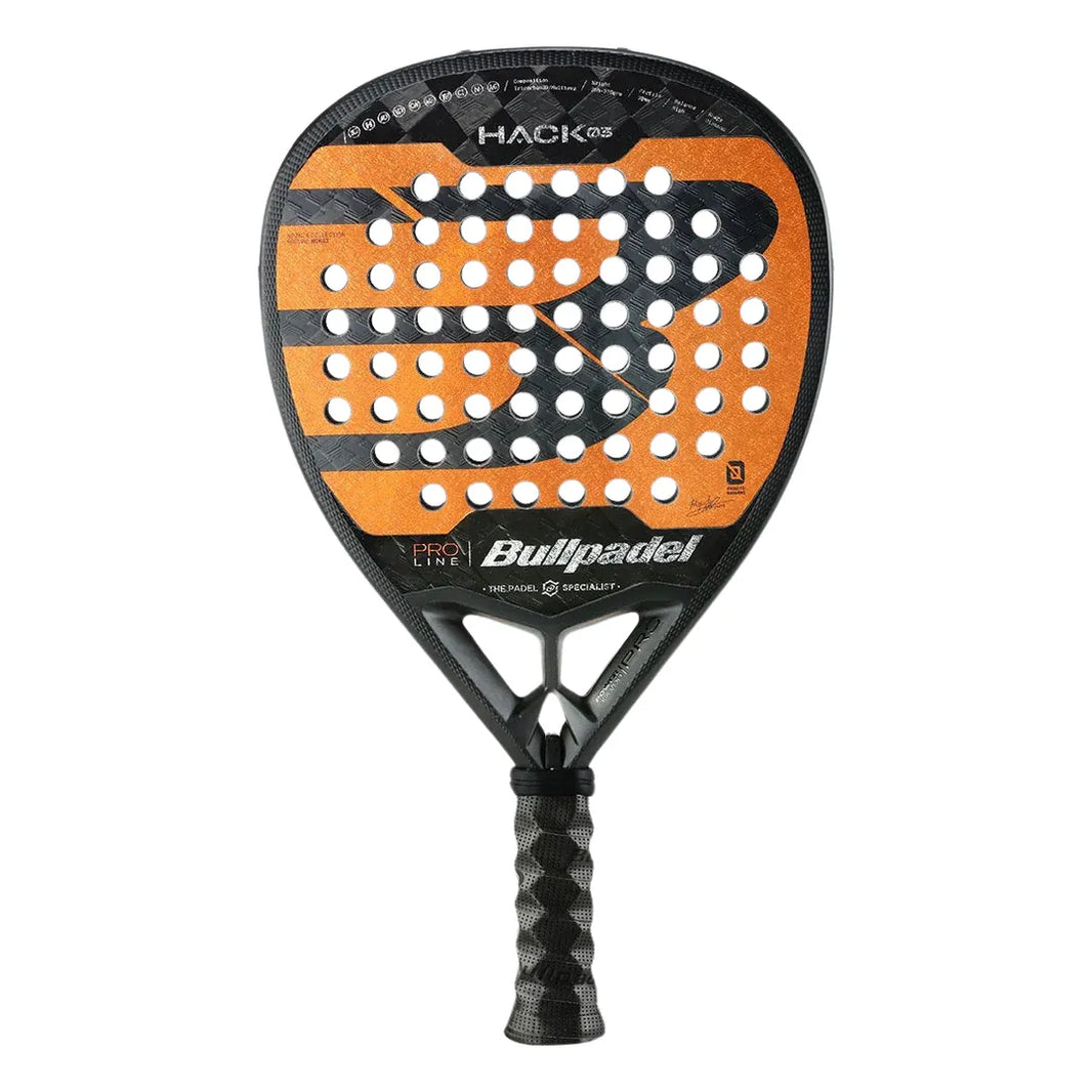 The BullPadel Racket Hack 03 2024 Paquito Navarro offers a sleek black and orange design with the Air React Channel system for enhanced play. It features a textured handle, circular holes in the head, and is endorsed by Paquito Navarro for exceptional performance.