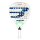 The Bullpadel Racket Pearl 2024 Bea González, inspired by Bea Gonzálezs style, showcases a white and blue design with big perforated holes and a Pearl model name. It features a white grip, the B logo on its face, and uses TRINAMIC technology for enhanced performance.