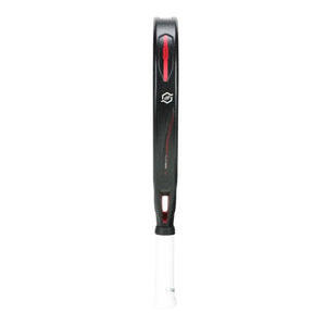 The Bullpadel Vertex 04 Comfort 2024 Martín Di Nenno features a black and red diamond-shaped design with a white handle, matte finish, subtle red accents, and CURVAKTIV system for enhanced play. A textured handle ensures a firm grip.