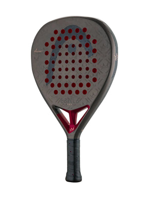 Paddle with red and black design on a white background