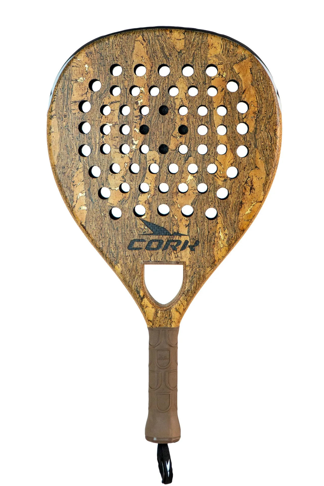 The Cork Padel Premium Power II is a teardrop-shaped racket with a wooden texture, ideal for offensive players. It features multiple center holes and is designed for advanced to professional players. The brown handle has a black wrist strap for a secure grip.