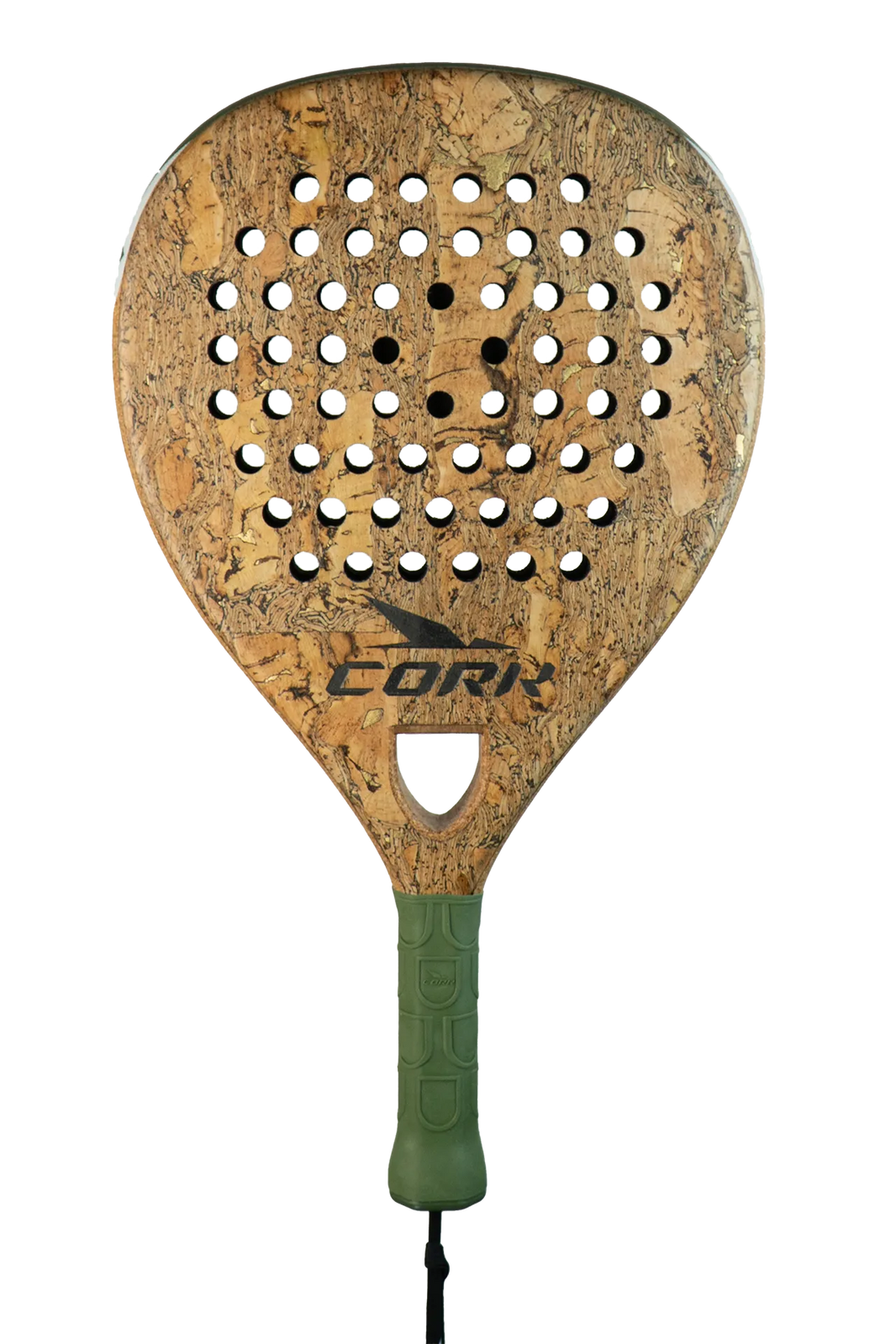 Introducing the Cork Padel Supreme Power III Racket: a cork-patterned padel racket with a light brown, textured surface and black grip. Crafted for offensive players with high carbon composition, it features multiple circular holes and a centered black logo. The handle includes a wrist strap.