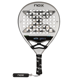 The NOX Padel Racket AT10 Genius 18K by 2024 Agustin Tapia features a circular head with a geometric hole pattern, crafted from aluminized carbon fiber for durability. Its gray and black design matches the handle, wrapped in a black grip with NOX branding.