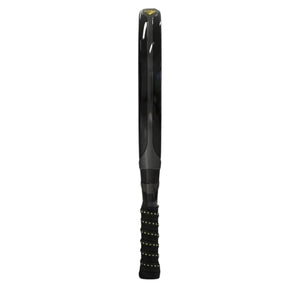 The black baseball bat, akin to the Siux Electra Pro ST3 2024 Franco Stupa Padel Racket, features a textured grip and sleek design with yellow accents at the top, standing upright against a plain white background.